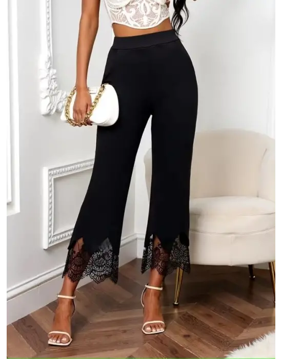 Kadın Yüksel Bel Paça Ağzı Dantelli Dalgıç Pantolon