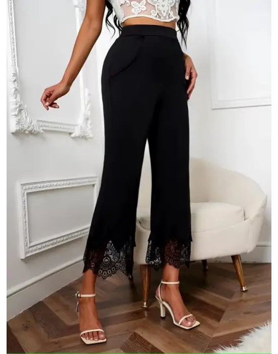 Kadın Yüksel Bel Paça Ağzı Dantelli Dalgıç Pantolon