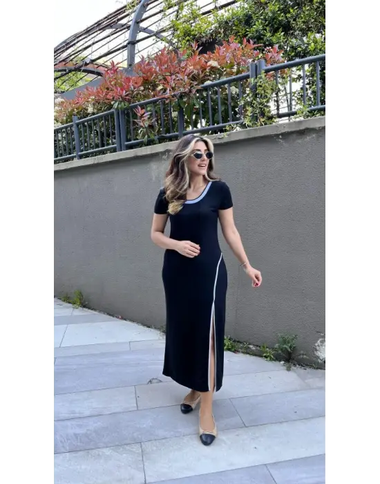 Kadın Yuvarlak Ribana Yaka Beyaz Yırtmaç Detaylı Viskon Tam Boy Elbise