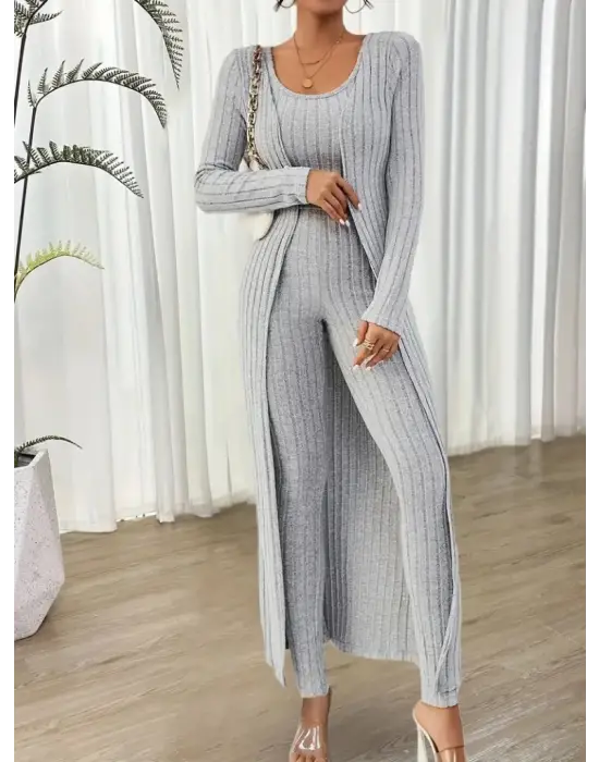 Kadın Yuvarlak Yaka Askılı Krop Bluz Yüksek Bel Tayt Ve Uzun Hırka şardonlu Kaşkorse üçlü Takım