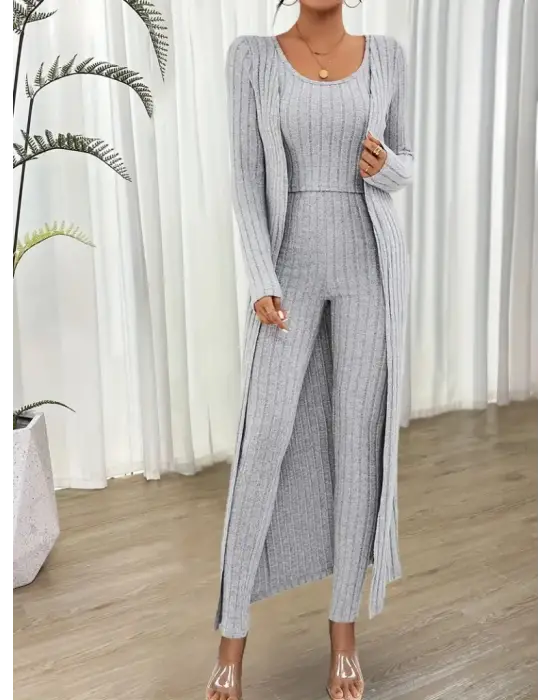 Kadın Yuvarlak Yaka Askılı Krop Bluz Yüksek Bel Tayt Ve Uzun Hırka şardonlu Kaşkorse üçlü Takım