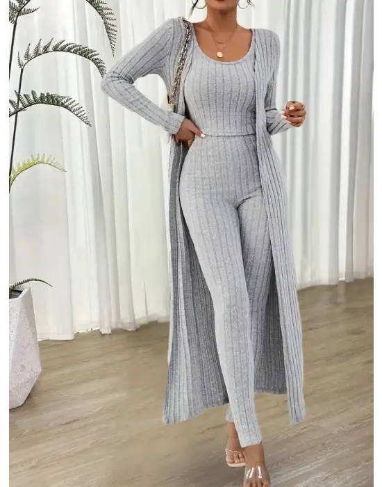 Kadın Yuvarlak Yaka Askılı Krop Bluz Yüksek Bel Tayt Ve Uzun Hırka şardonlu Kaşkorse üçlü Takım