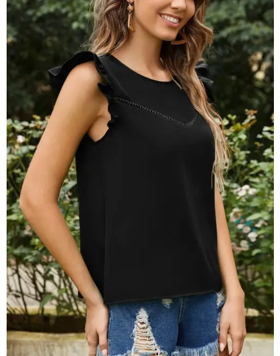 Kadın Yuvarlak Yaka Kolları Fırfırlı Krep Bluz