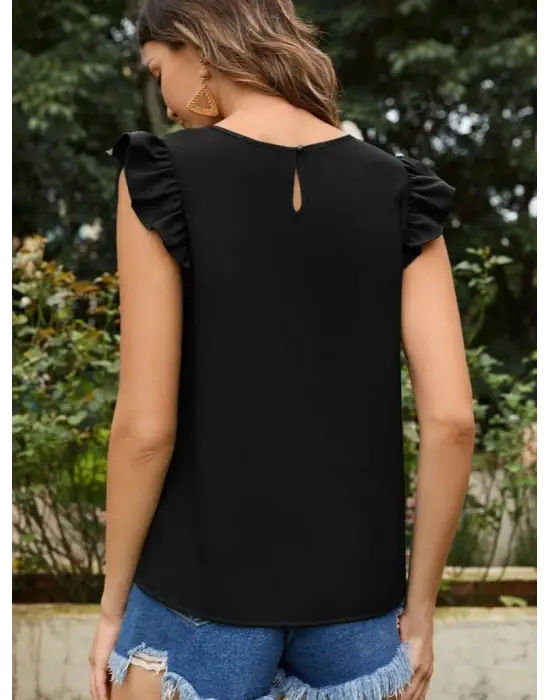 Kadın Yuvarlak Yaka Kolları Fırfırlı Krep Bluz