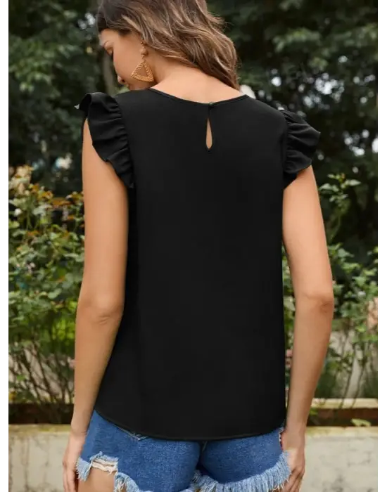 Omarı Şık Yuvarlak Yaka Fırfırlı Krep Bluz