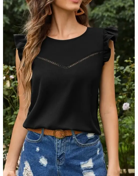 Omarı Şık Yuvarlak Yaka Fırfırlı Krep Bluz