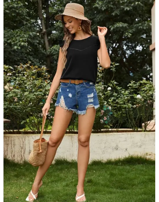 Omarı Şık Yuvarlak Yaka Fırfırlı Krep Bluz