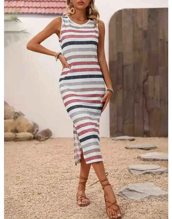 Kadın Yuvarlak Yaka Kolsuz Yandan Yırtmaçlı Midi Uzun Elbise