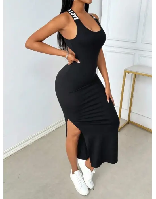 Kadın Yuvarlak Yaka Sırttan çapraz şerit Love Detaylı Yırtmaçlı Viskon Elbise