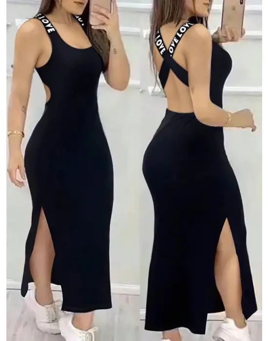 Kadın Yuvarlak Yaka Sırttan çapraz şerit Love Detaylı Yırtmaçlı Viskon Elbise