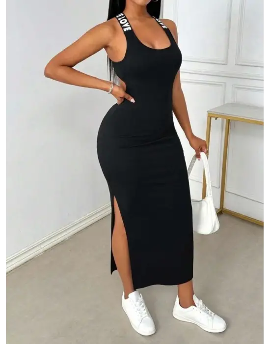 Kadın Yuvarlak Yaka Sırttan çapraz şerit Love Detaylı Yırtmaçlı Viskon Elbise