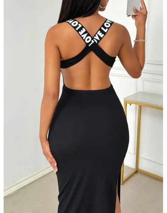 Kadın Yuvarlak Yaka Sırttan çapraz şerit Love Detaylı Yırtmaçlı Viskon Elbise