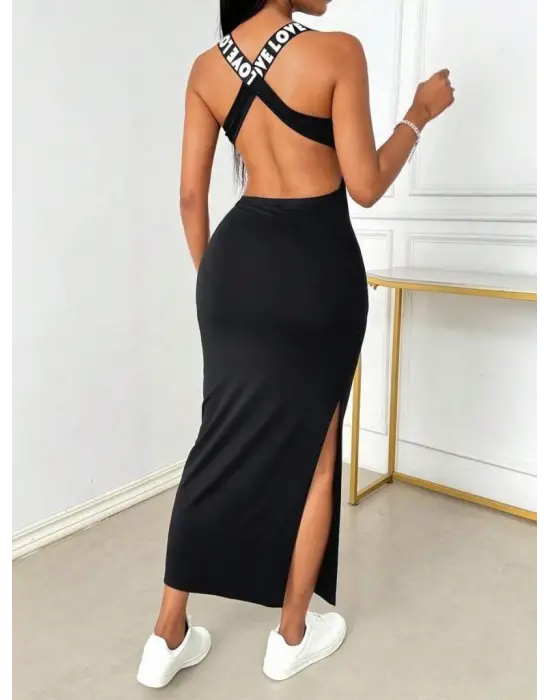 Kadın Yuvarlak Yaka Sırttan çapraz şerit Love Detaylı Yırtmaçlı Viskon Elbise