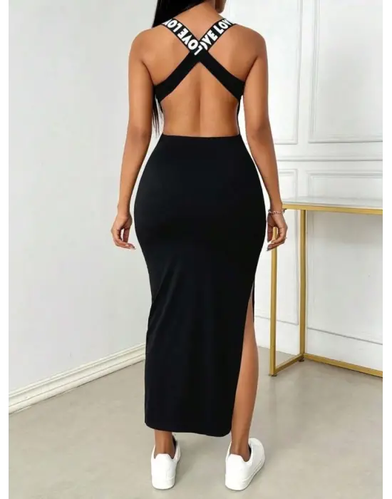 Kadın Yuvarlak Yaka Sırttan çapraz şerit Love Detaylı Yırtmaçlı Viskon Elbise