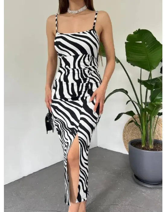 Kadın Zebra Baskılı Omuz Askılı Sırt Dekolteli Yırtmaç Detay Elbise