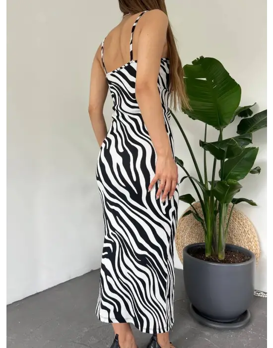Kadın Zebra Baskılı Omuz Askılı Sırt Dekolteli Yırtmaç Detay Elbise