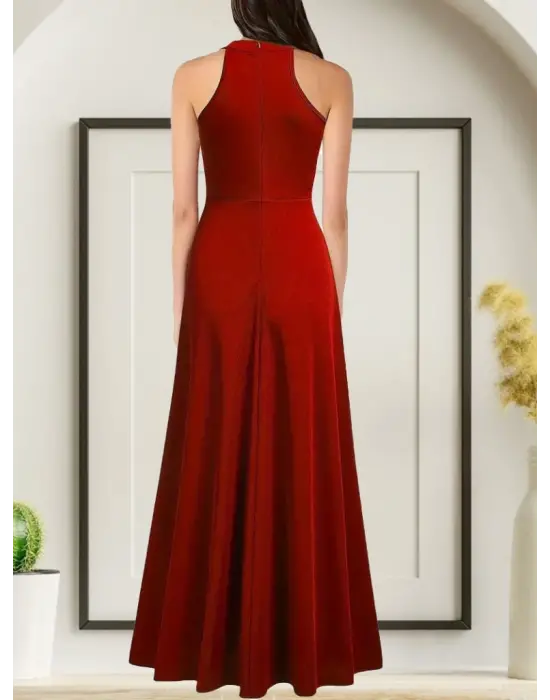 Halter Yaka Derin Yırtmaçlı Krep Abiye Elbise