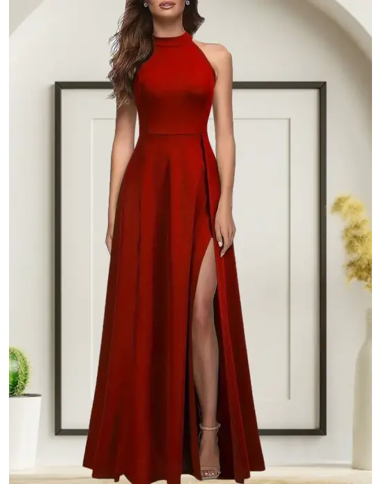 Omarı Derin Yırtmaç Detaylı Krep Abiye Elbise