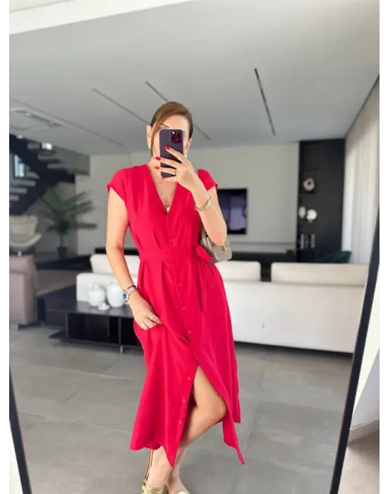 Omarı Etkileyici V Yaka Düğme Detaylı Elbise