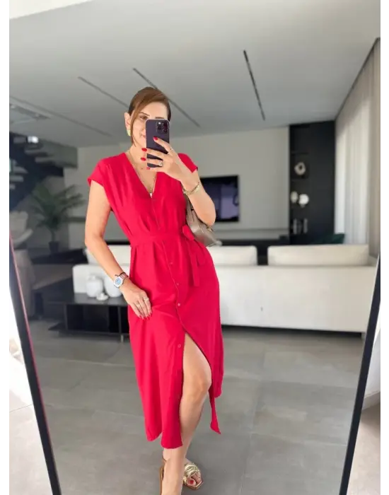 Omarı Etkileyici V Yaka Düğme Detaylı Elbise