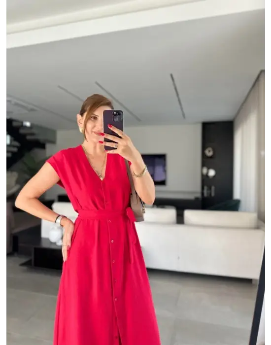 Kadınn V Yaka Düğme Detay Kuşak Dahil Elbise