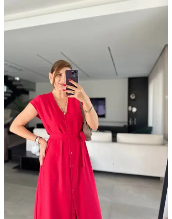 Omarı Etkileyici V Yaka Düğme Detaylı Elbise