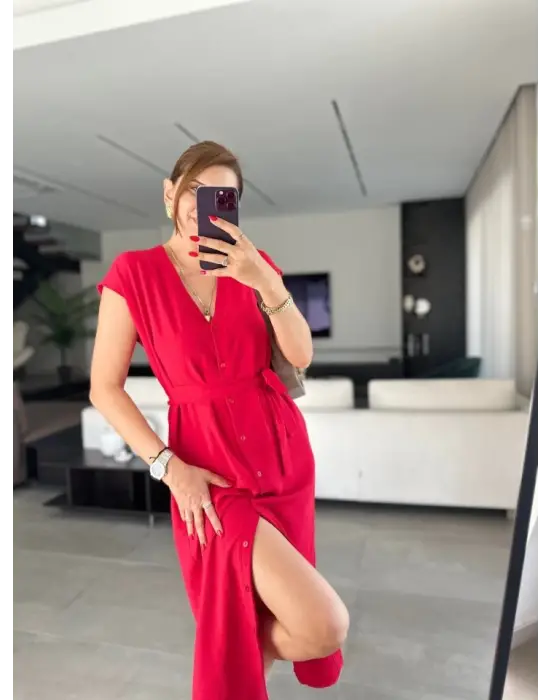 Omarı Etkileyici V Yaka Düğme Detaylı Elbise