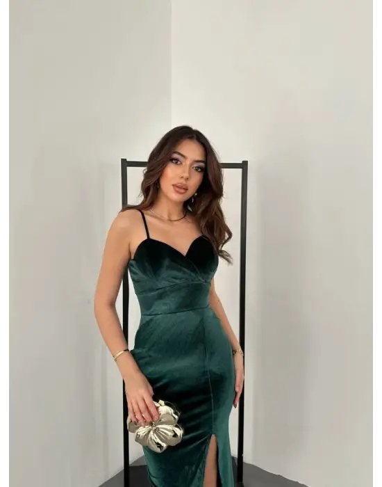 Kadınomuz Askılı Sırt Dekolteli Yırtmaç Detay Midi Boy Elbise Yırtmaç Detay Midi Boy Elbise