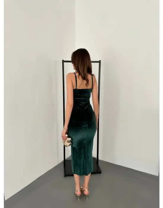 Kadınomuz Askılı Sırt Dekolteli Yırtmaç Detay Midi Boy Elbise Yırtmaç Detay Midi Boy Elbise