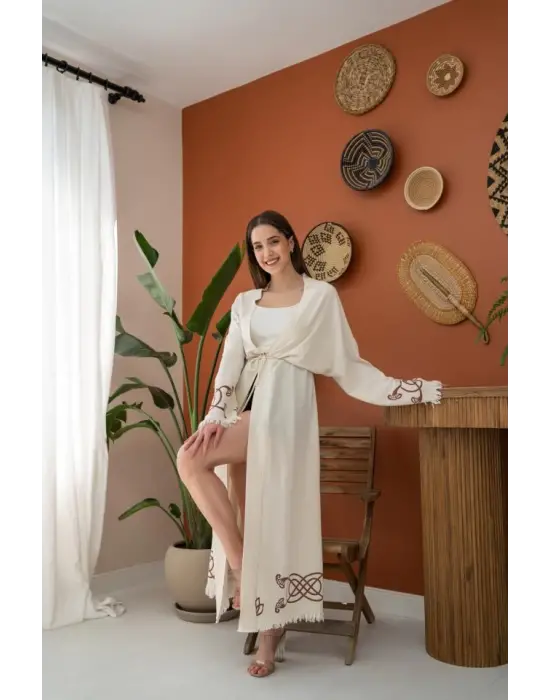 Omarı Keten Hırka - Doğal Ve Şık Kahverengi Baskı