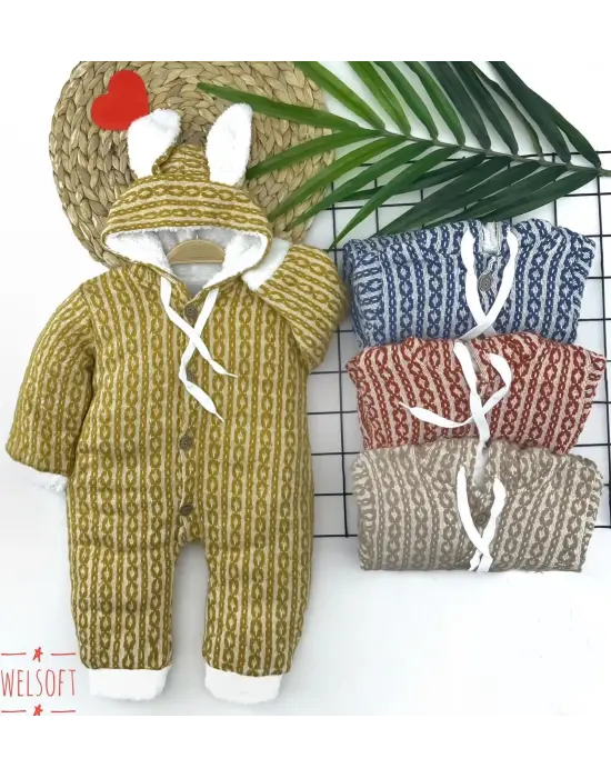 Omarı Kahverengi Kapşonlu Triko Kumaş Bebek Tulumu