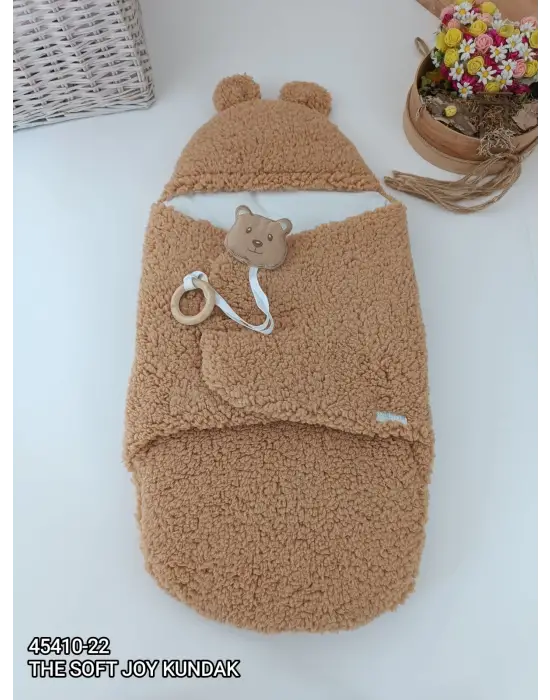 Omarı Yenidoğan Bebek Battaniyesi - Kulaklı Şapkalı ve Cırt Kapamalı - Kahverengi