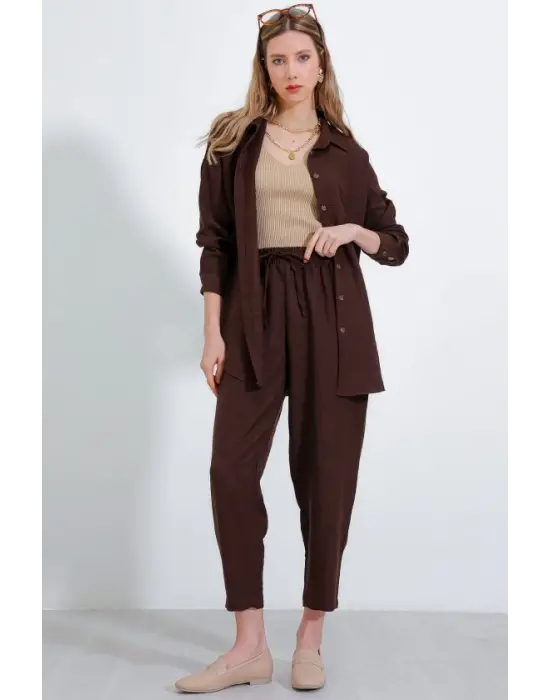 Kahverengi Oversize Keten Alt Üst Takım 6622
