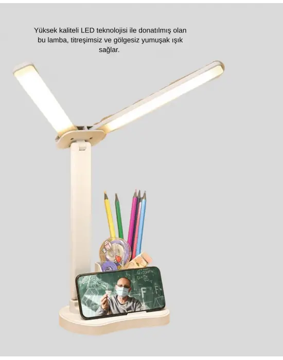 Kalemlik Ve Telefon Standlı Masa Lambası – Kısılabilir Led Işık, Göz Dostu Tasarım
