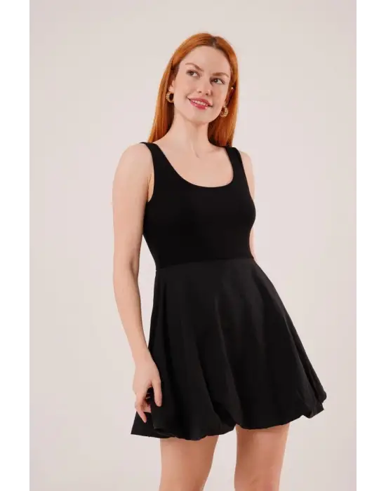 Kalın Askılı Balon Etek Siyah Mini Elbise