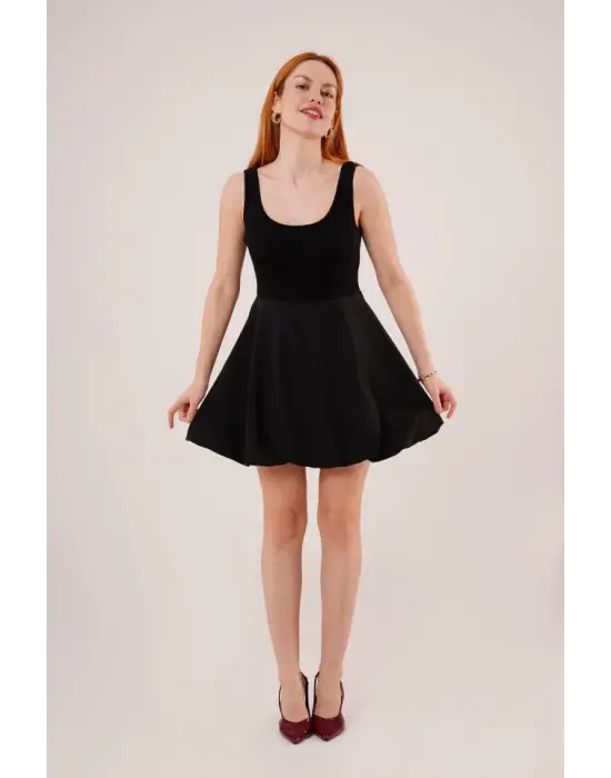 Kalın Askılı Balon Etek Siyah Mini Elbise