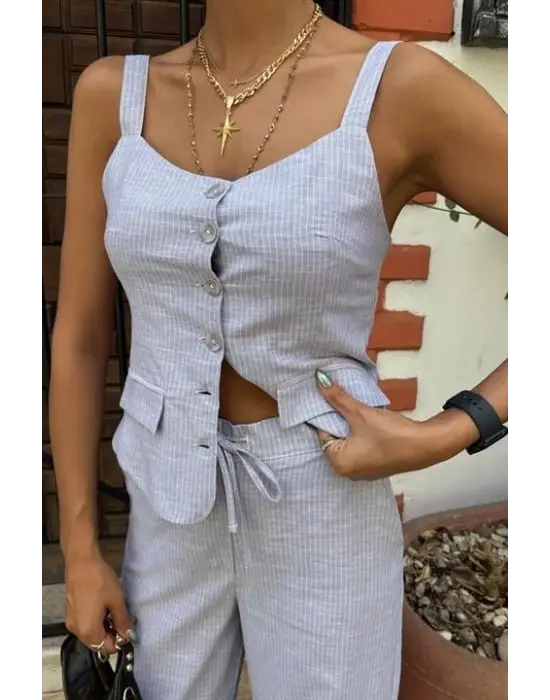 Kalın Askılı Bluz Pantolon Keten Takım 10187