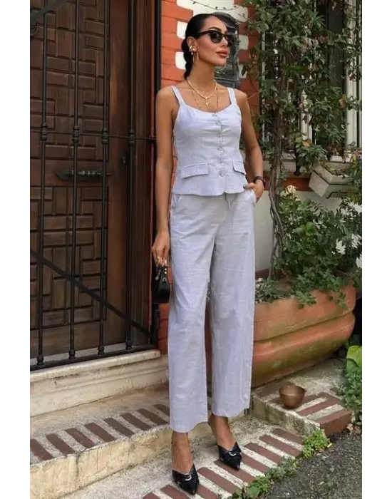 Kalın Askılı Bluz Pantolon Keten Takım 10187