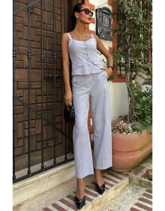 Kalın Askılı Bluz Pantolon Keten Takım 10187