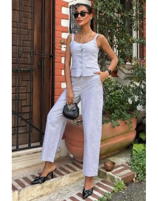 Kalın Askılı Bluz Pantolon Keten Takım 10187