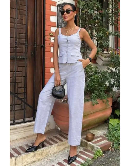 Kalın Askılı Bluz Pantolon Keten Takım 10187