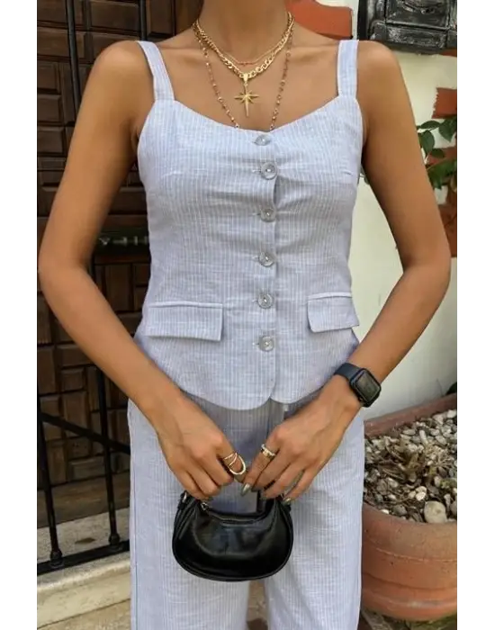 Kalın Askılı Bluz Pantolon Keten Takım 10187