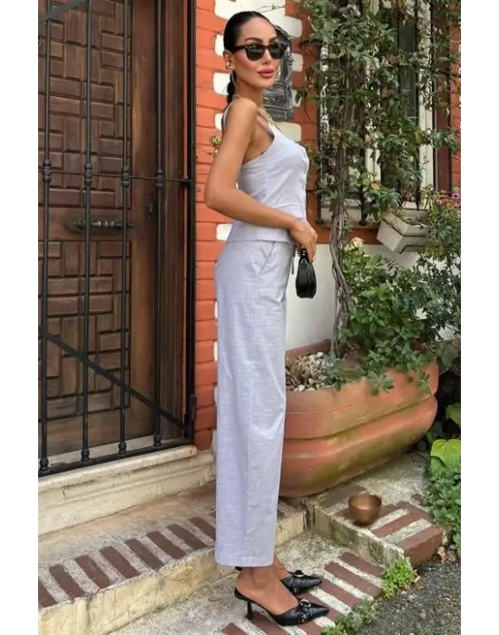 Kalın Askılı Bluz Pantolon Keten Takım 10187