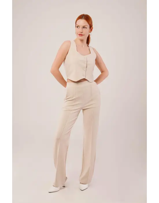Kalın Askılı Düğmeli Yelek Ve Pantolon Bej Takım