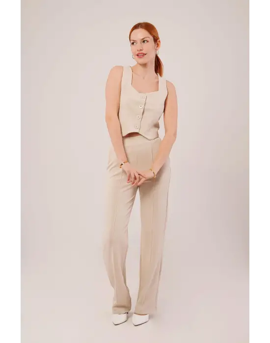 Kalın Askılı Düğmeli Yelek Ve Pantolon Bej Takım