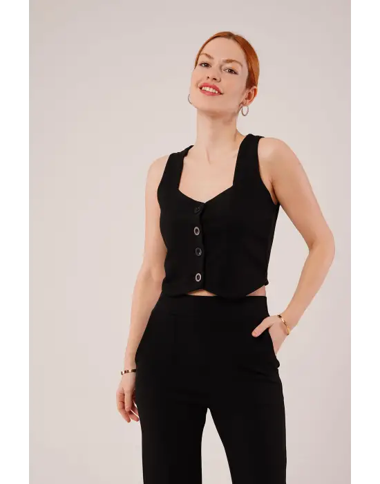 Kalın Askılı Düğmeli Yelek Ve Pantolon Siyah Takım