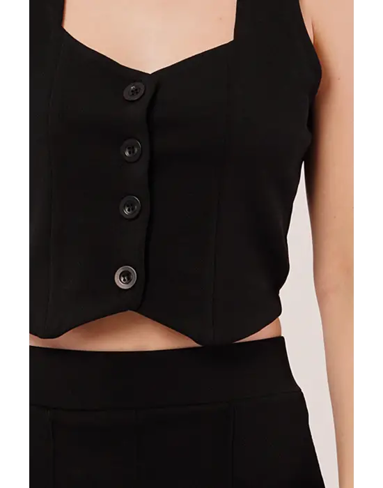 Kalın Askılı Düğmeli Yelek Ve Pantolon Siyah Takım