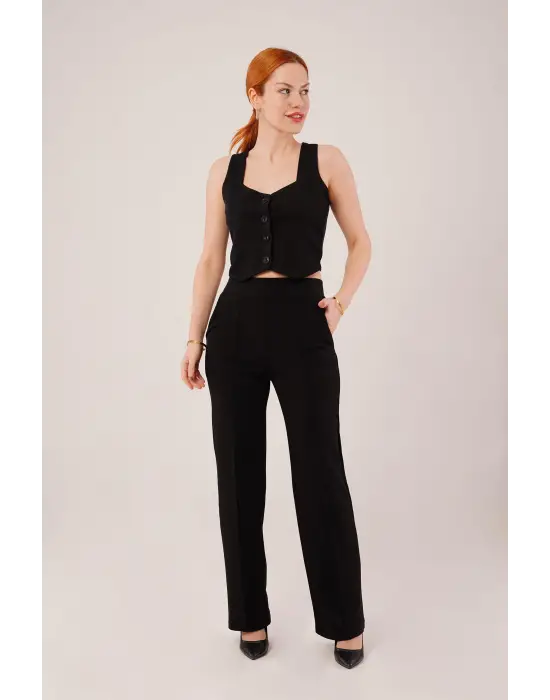 Kalın Askılı Düğmeli Yelek Ve Pantolon Siyah Takım