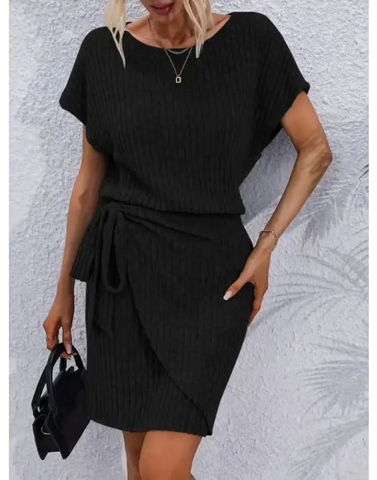 Omarı Kısa Kollu Yandan Bağlamalı Kalın Fitilli Elbise