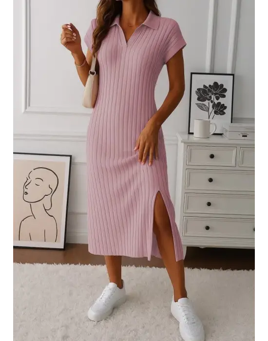 Omarı Fırfırlı Yandan Yırtmaçlı Kalın Elbise